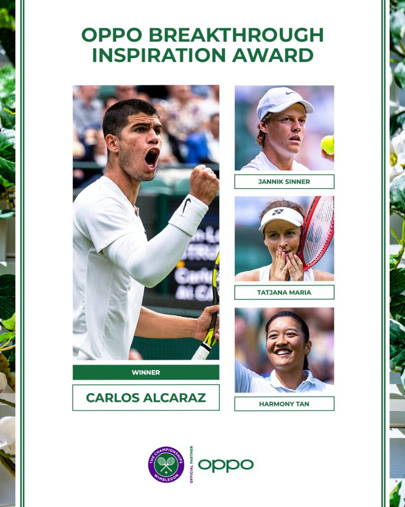 Carlos Alcaraz este câștigătorul OPPO Breakthrough Inspiration Award la Wimbledon 2022