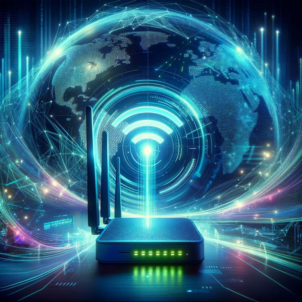 DALL·E 2024 02 09 14.14.03 Visualize a futuristic WiFi network with an ultra fast connection depicting a sleek and advanced router surrounded by a swirl of light rays and data