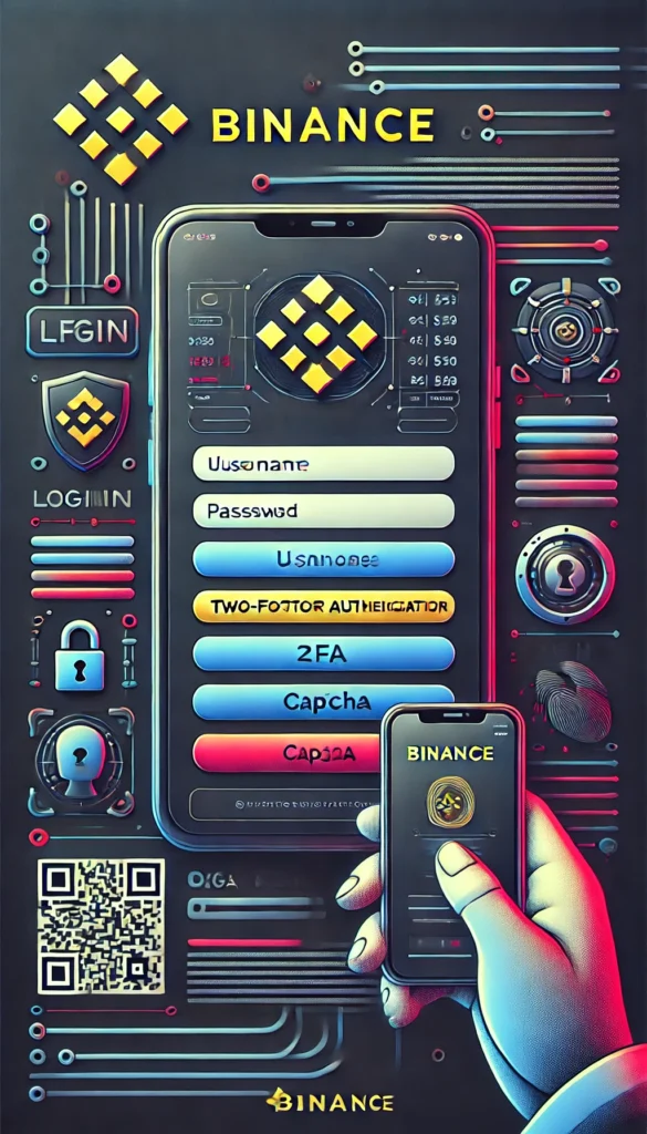 DALL·E 2024 06 28 11.09.41 A login page for Binance featuring multiple layers of security. The design should be modern and sleek with a dark background and vibrant accents. The